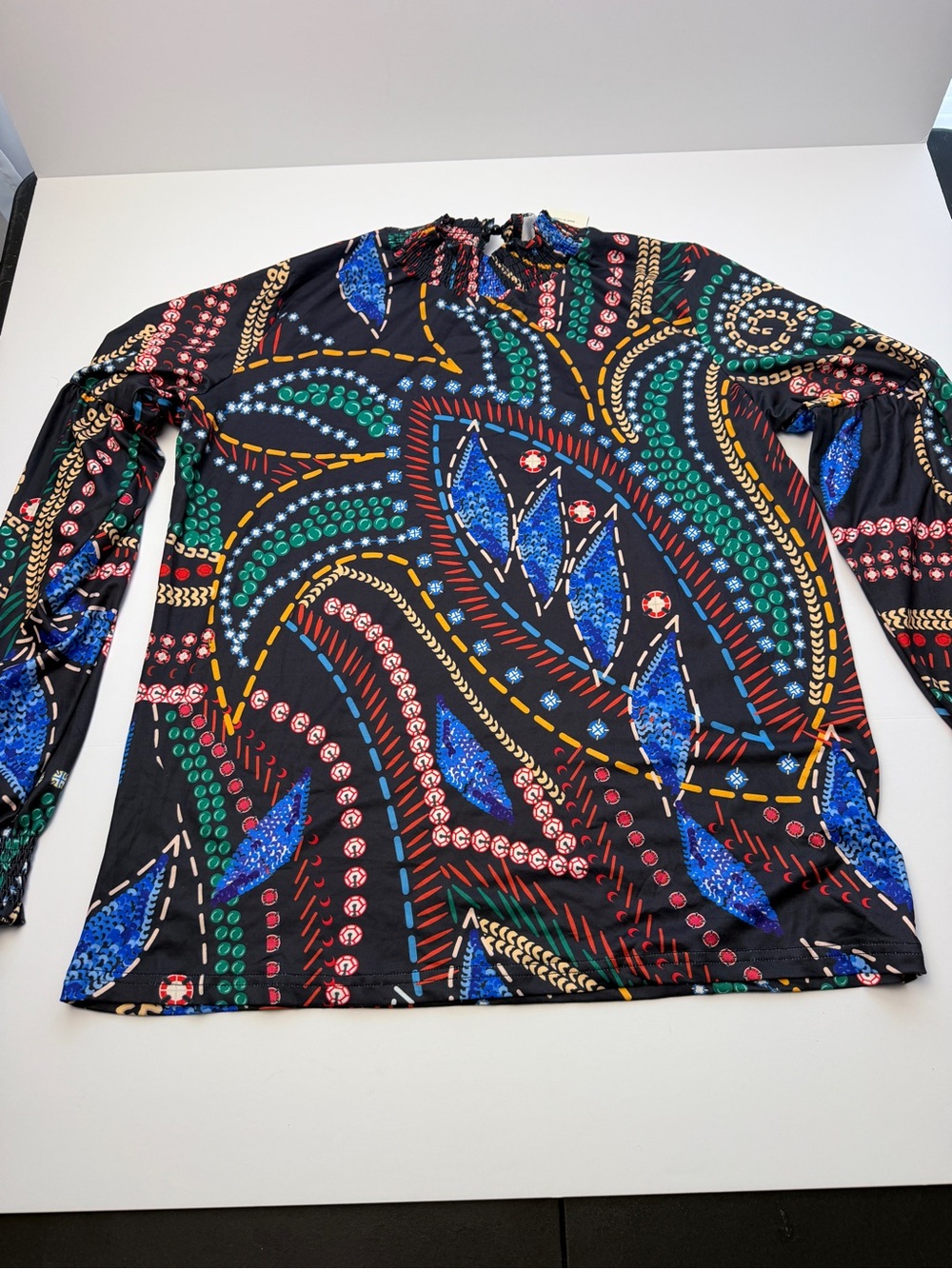 NWT Ladmous Women’s Long Sleeve Tunic Top Abstract Print Smocked Neck Size XL